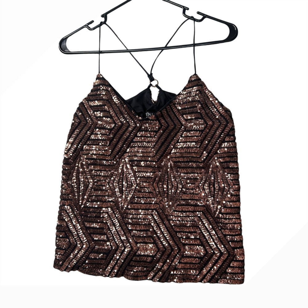Venus Sequin‎ Tank Top Sleeveless Party Top Bronze Black Geometric Pattern